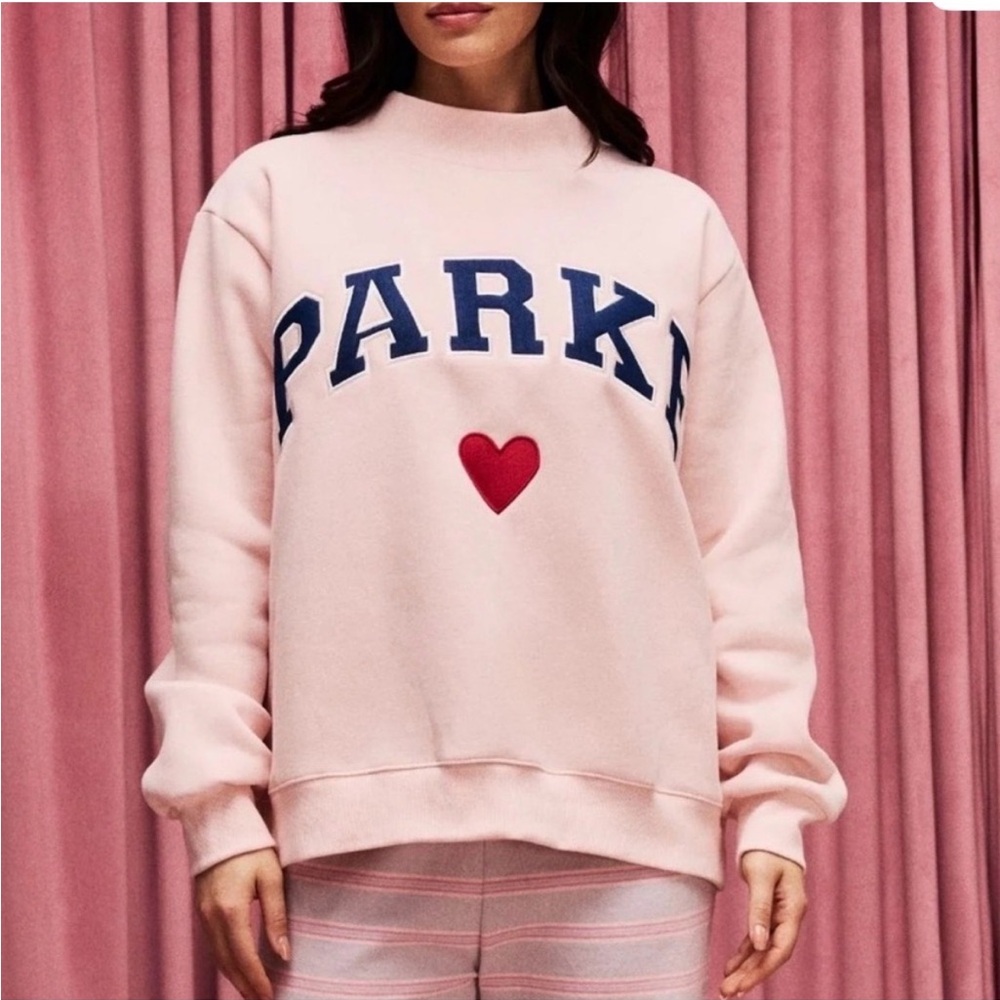 PARKE Valentines Day 2026 Heart Varsity MockNeck Sweatshirt Peony Denim - L/XL